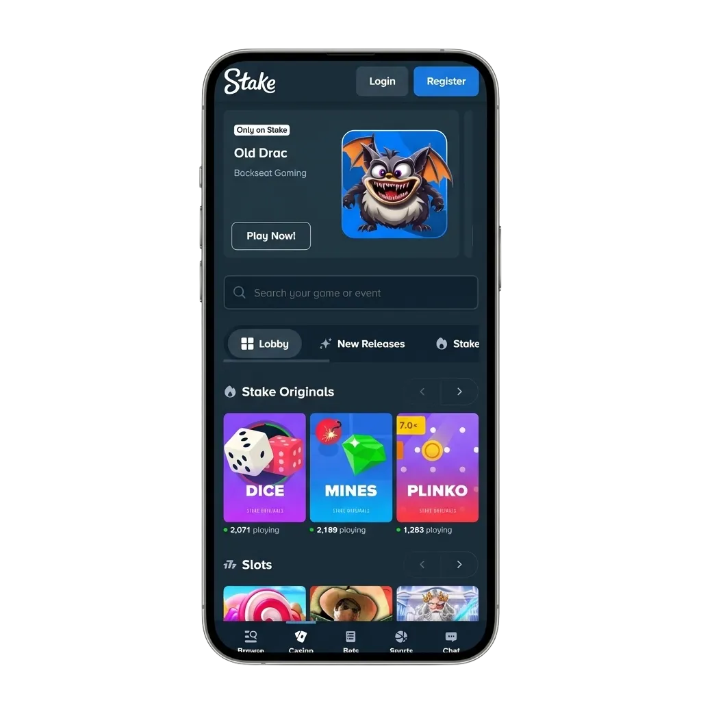 Celular mostrando la app de Stake en español con apuestas deportivas, casino y criptomonedas para jugadores de Argentina