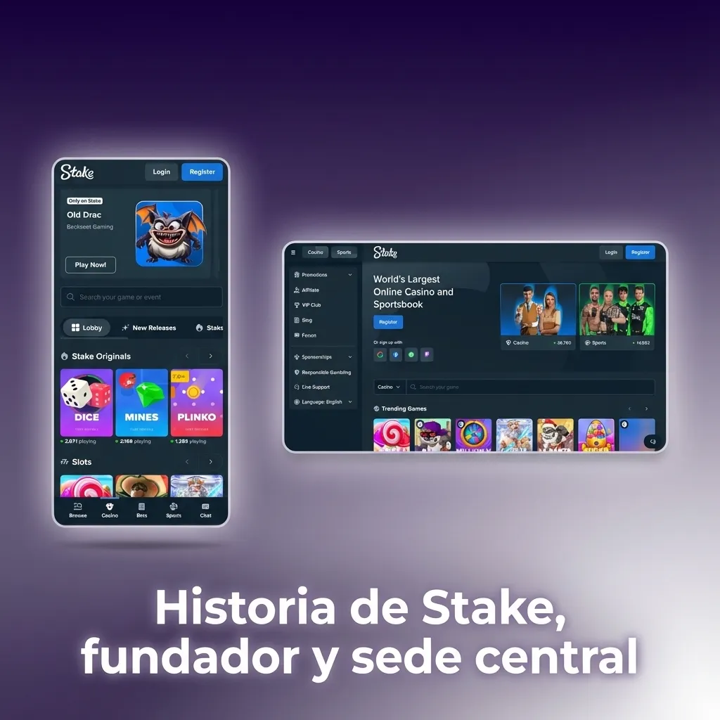 Ilustración de la historia de Stake, su fundador Ed Craven y sede central en Melbourne, Australia.