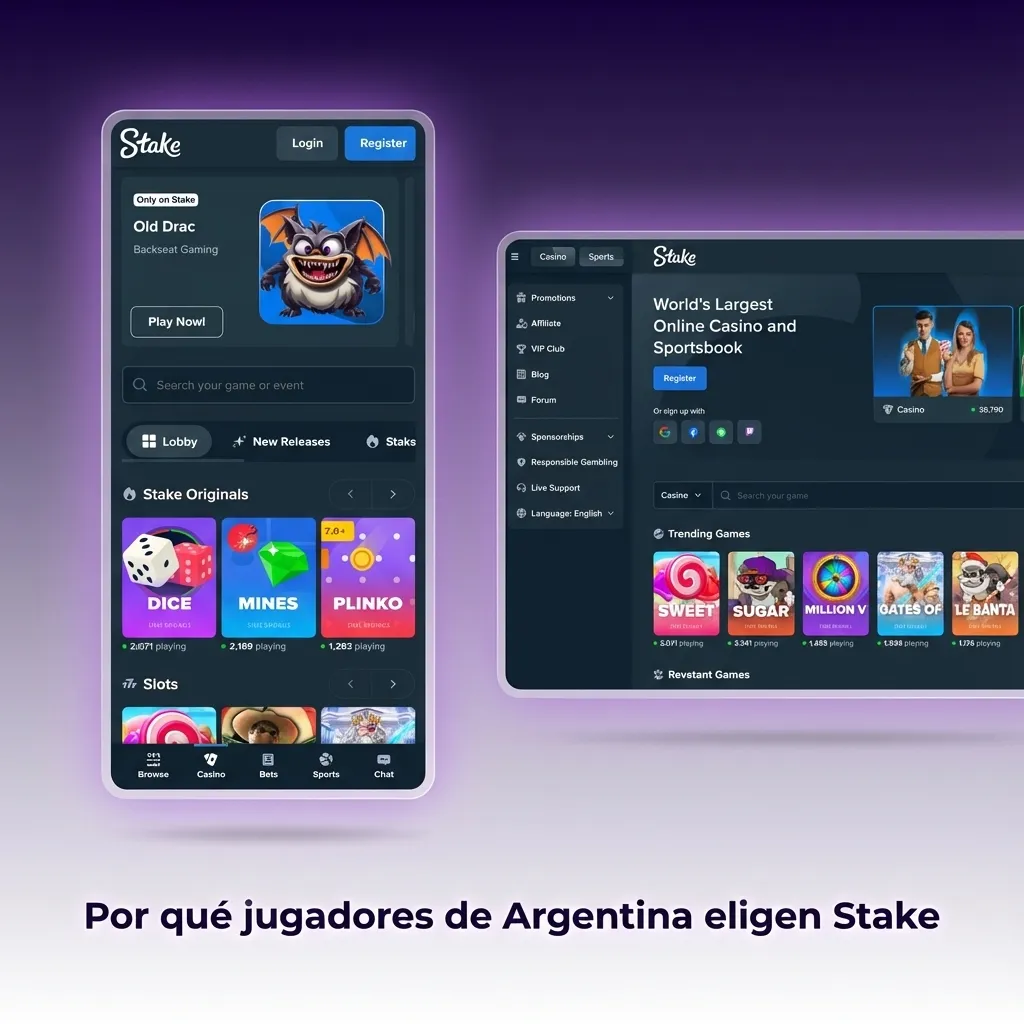 Jugador argentino usando Stake en el celular, con iconos de criptomonedas, soporte en español y promociones de fútbol.