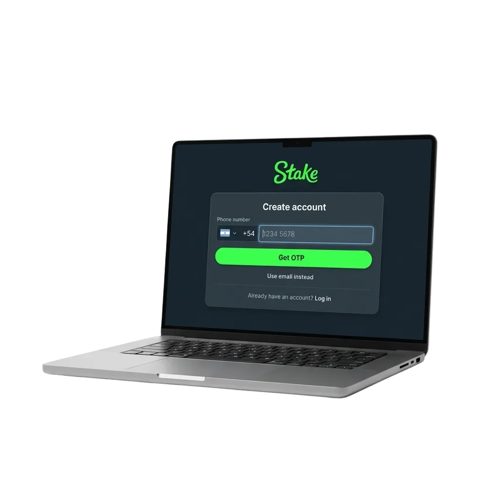 Ilustración del proceso de registro en Stake Argentina, con opciones de alta y bono de bienvenida hasta 200%