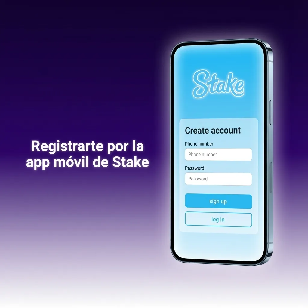 Ilustración de un celular mostrando la app de Stake y pantalla de registro con opciones de alta y botón “Registrarse”.