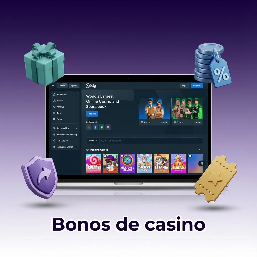 Banner de casino online con bonos de recarga, giros gratis, cashback y torneos destacados en español