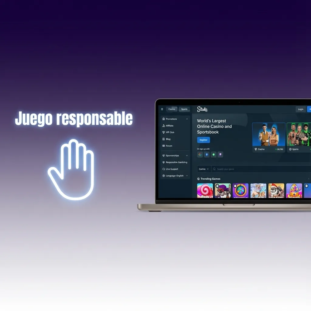 Persona usando computadora con mensajes sobre juego responsable, límites de tiempo y dinero y búsqueda de ayuda en Argentina