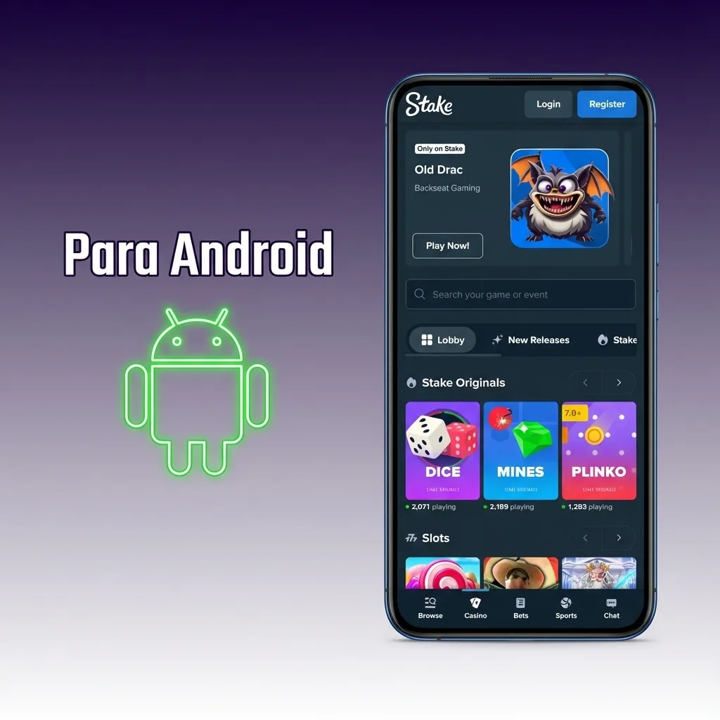 Ilustración de un teléfono Android mostrando la app de Stake y pasos numerados de descarga e instalación en pantalla