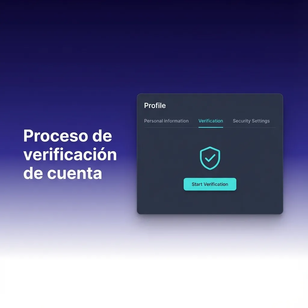 Ilustración del proceso de verificación de cuenta en etapas: contacto, datos personales, identidad, domicilio y aprobación.